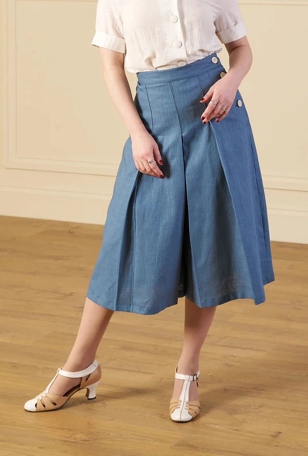 1930'er Culottes - cornflower kortærmet skjorte House of Foxy