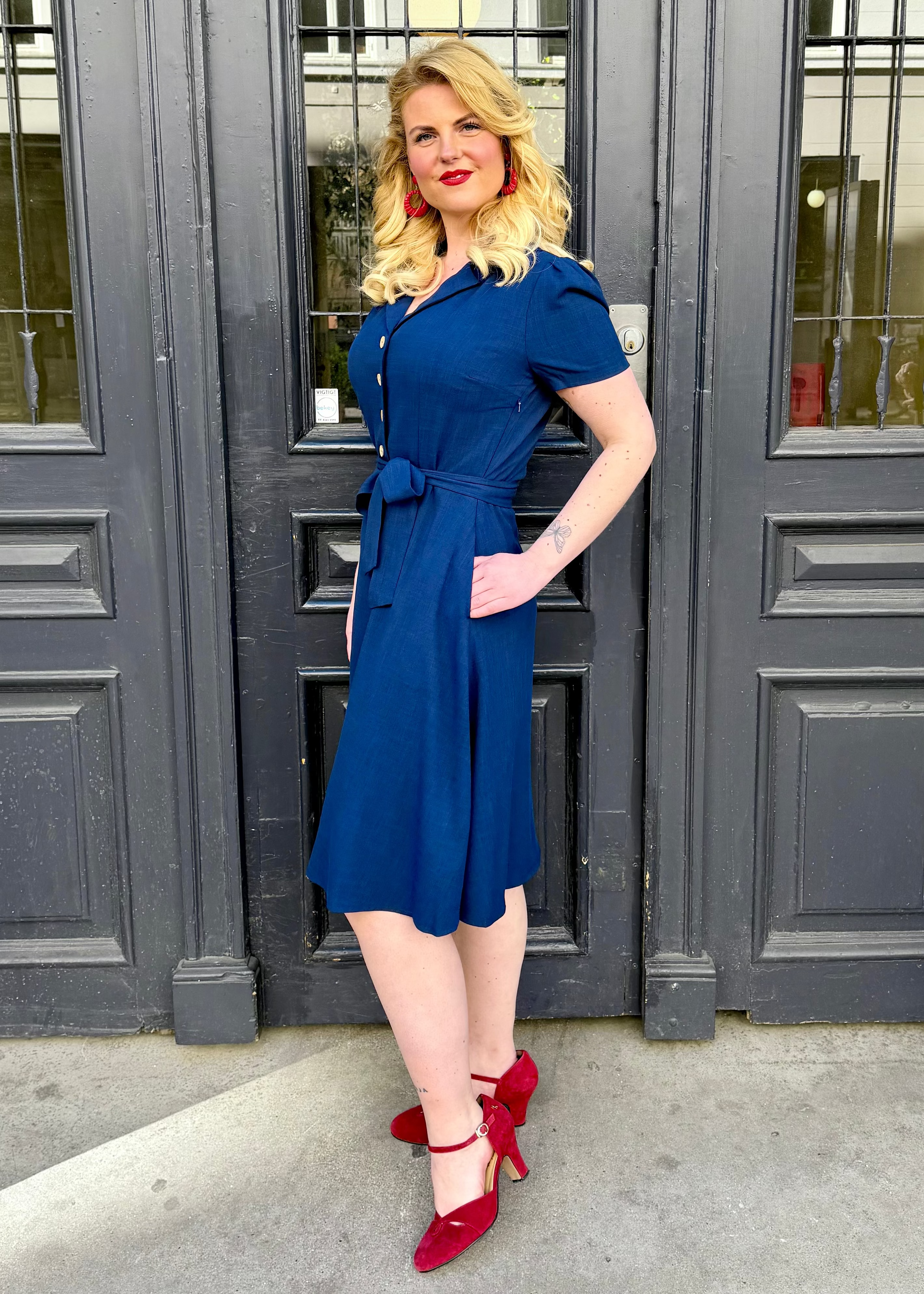 Betty kortærmet skjortekjole - navy linen