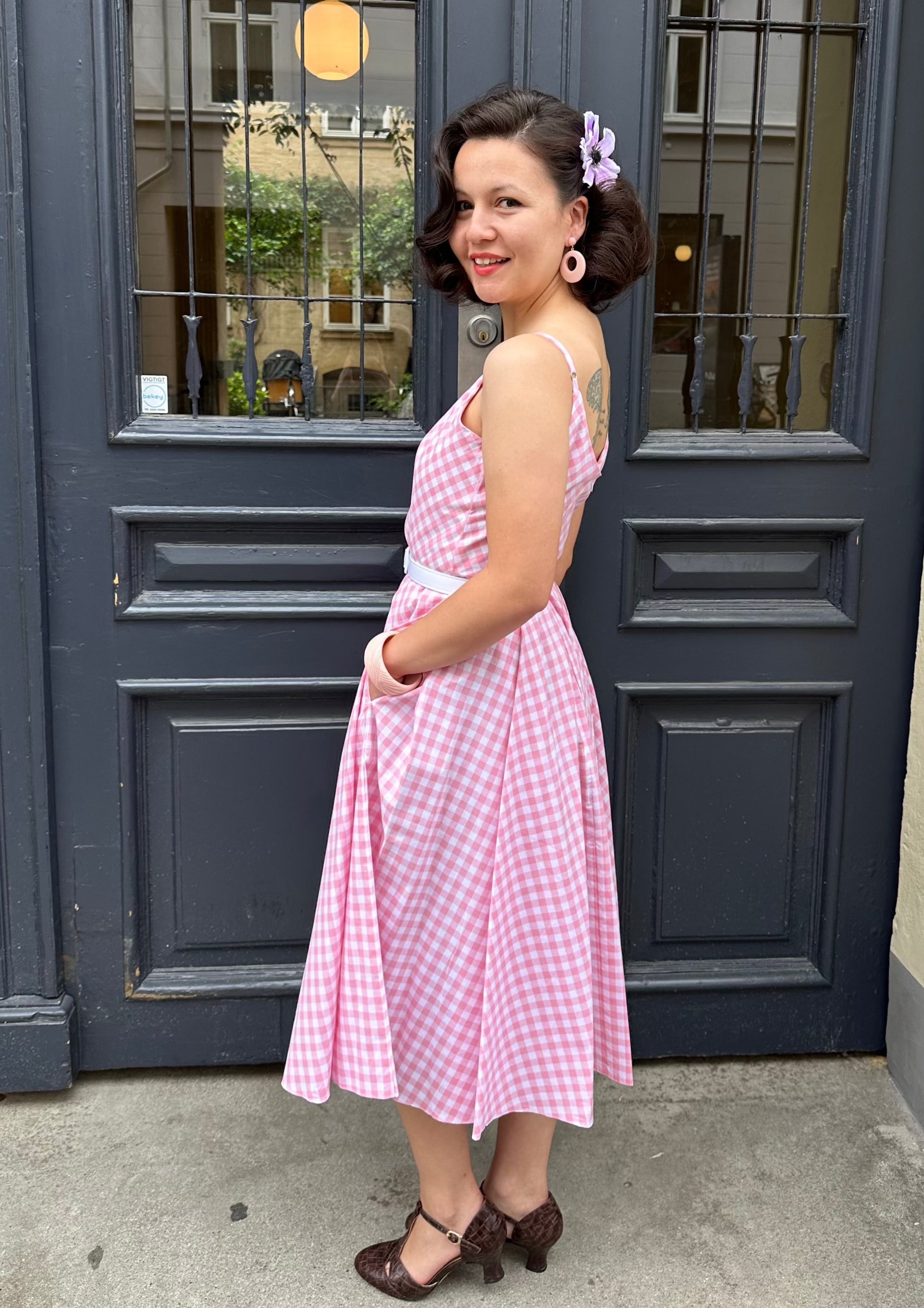 Priscilla swing kjole - rosa gingham tern