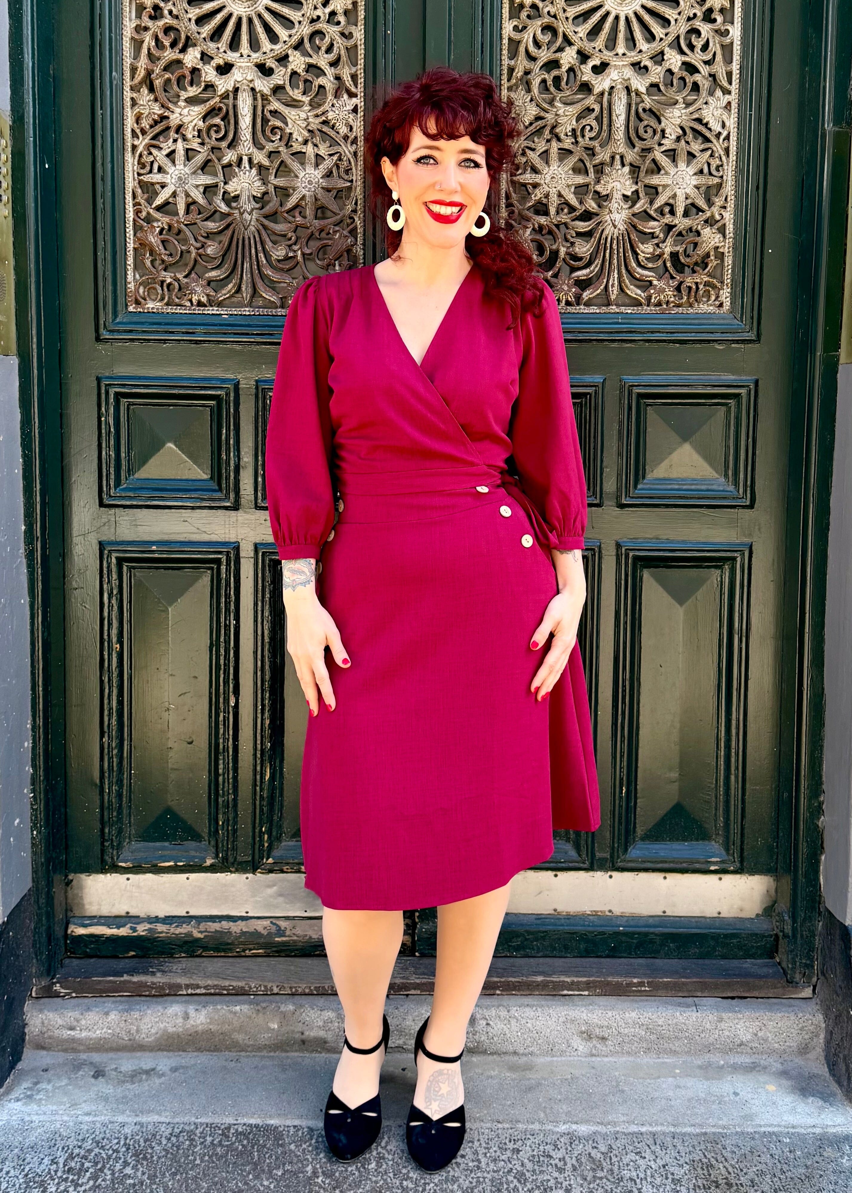 A-line nederdel med knapper - berry linen aline nederdel Daisy Dapper