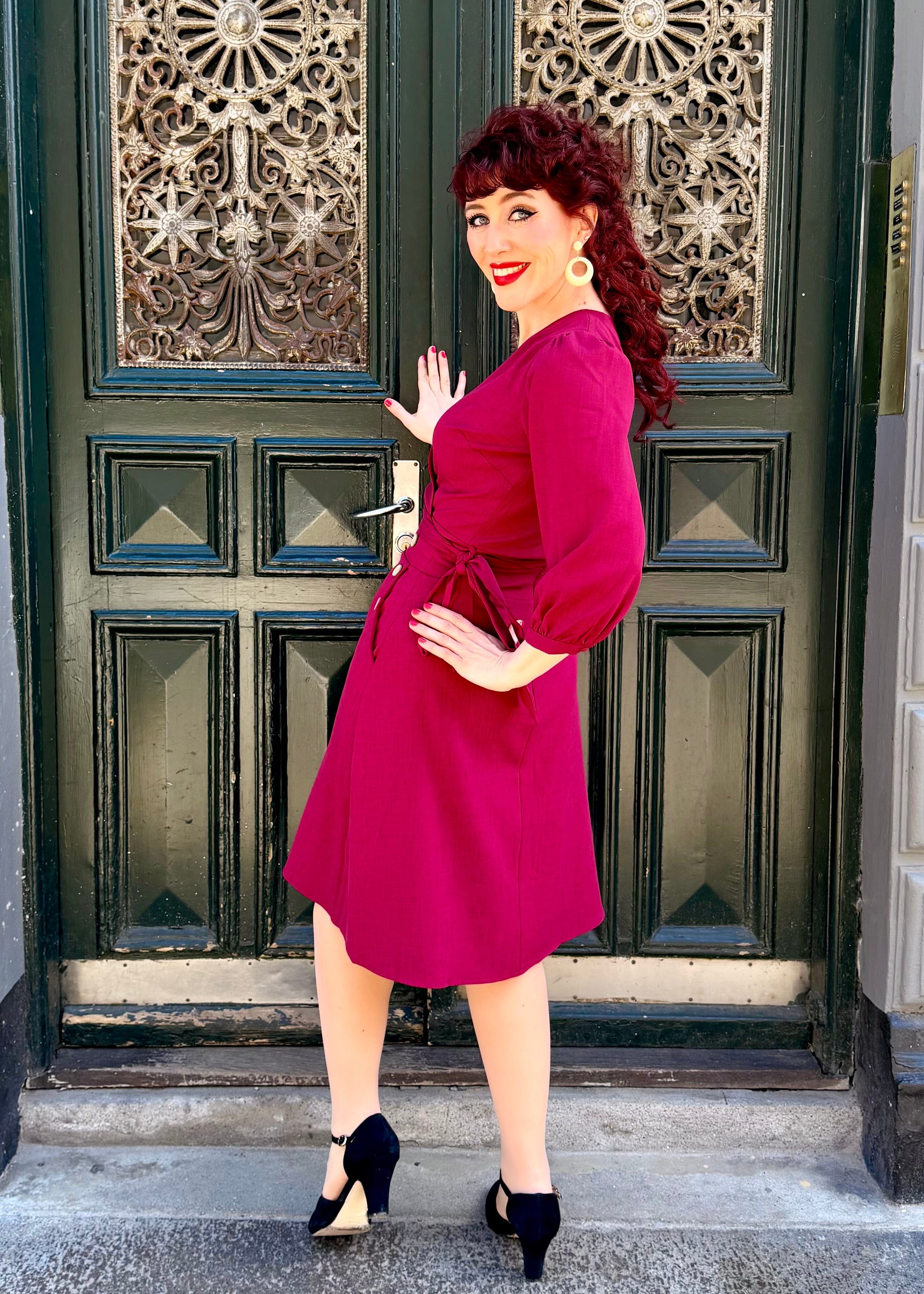 A-line nederdel med knapper - berry linen aline nederdel Daisy Dapper