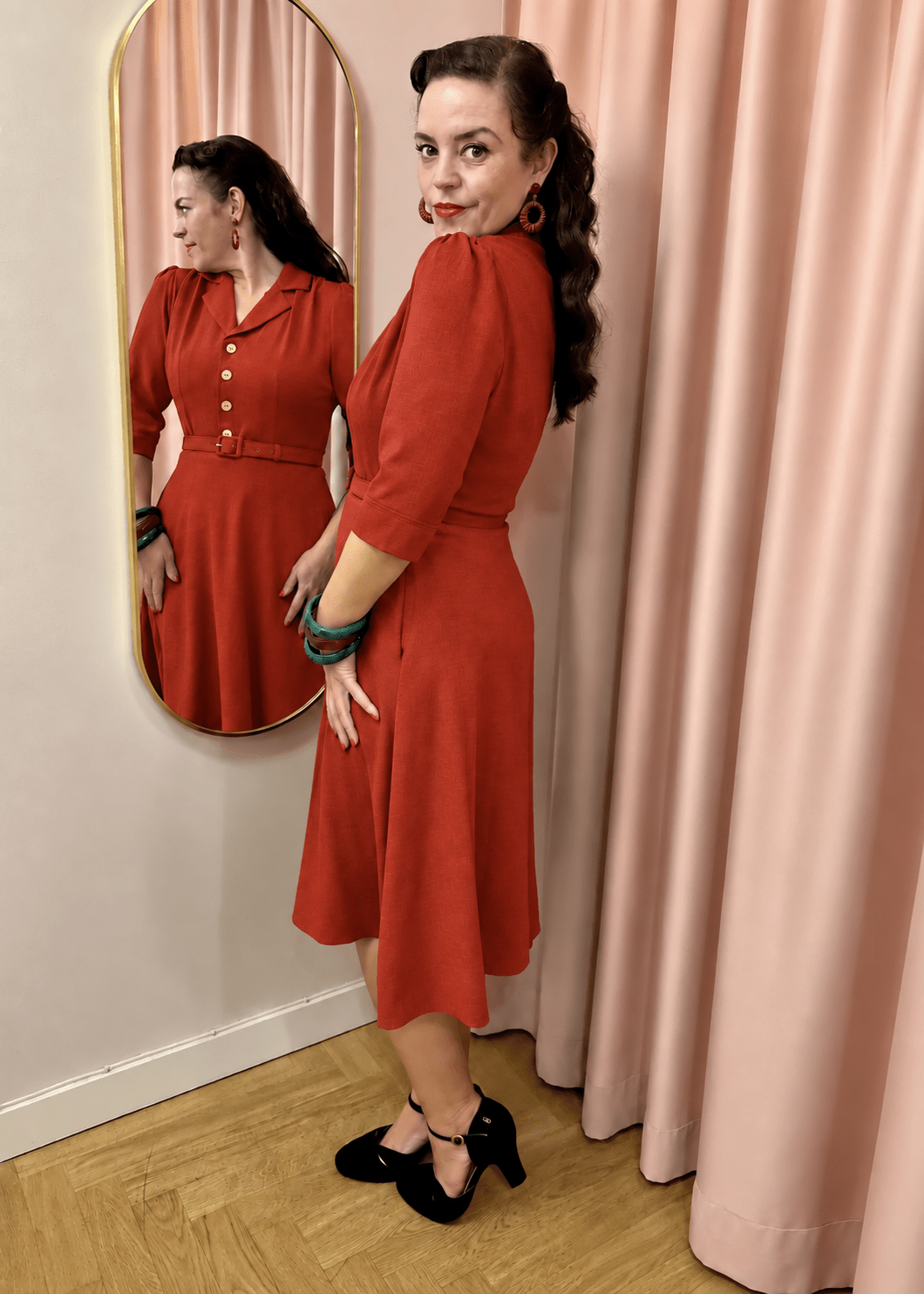 Betty skjortekjole med 3/4 ærmer - rust linen look skjortekjole Daisy Dapper