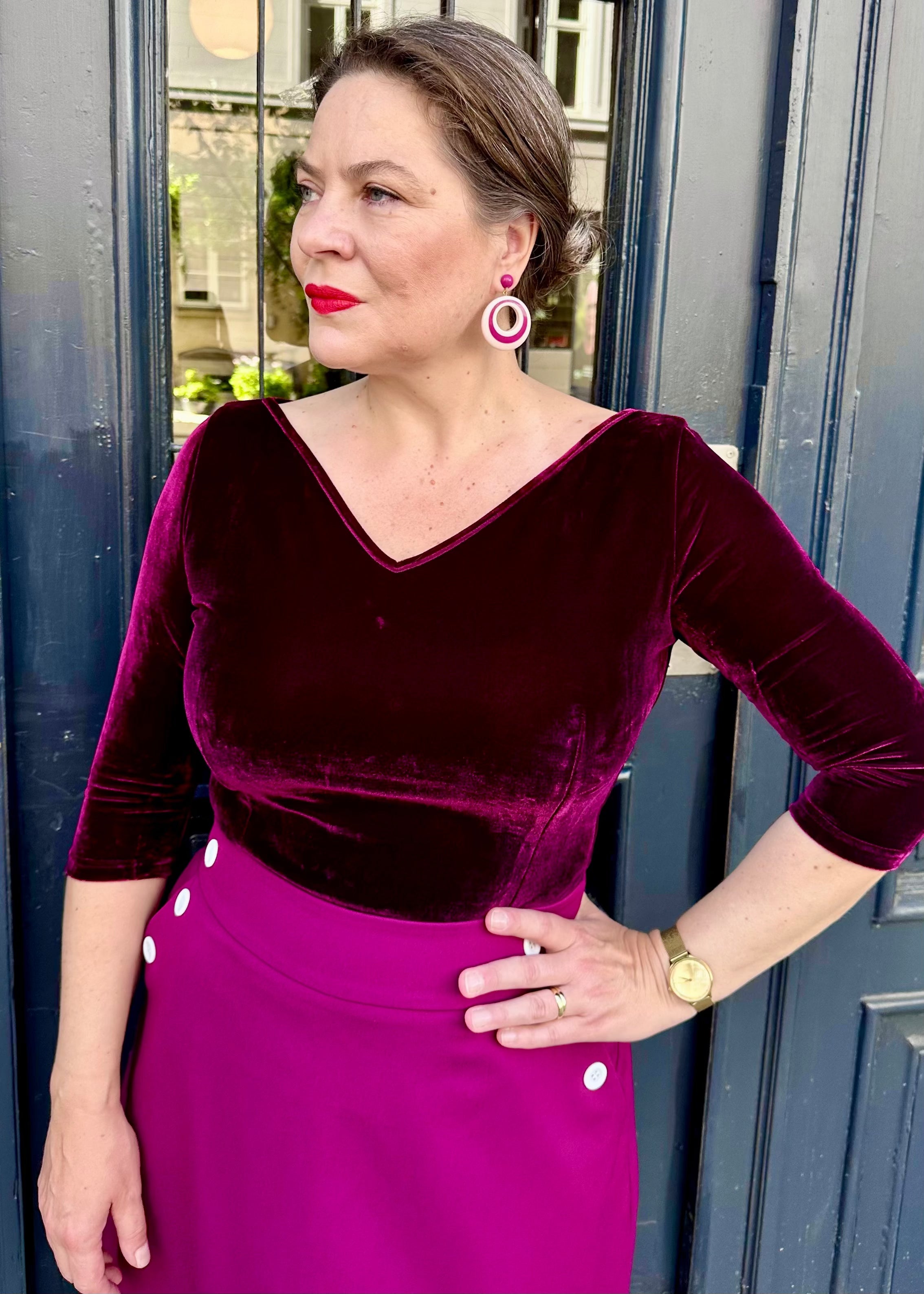 Boatneck vendbar top i bordeaux velour jersey top Daisy Dapper