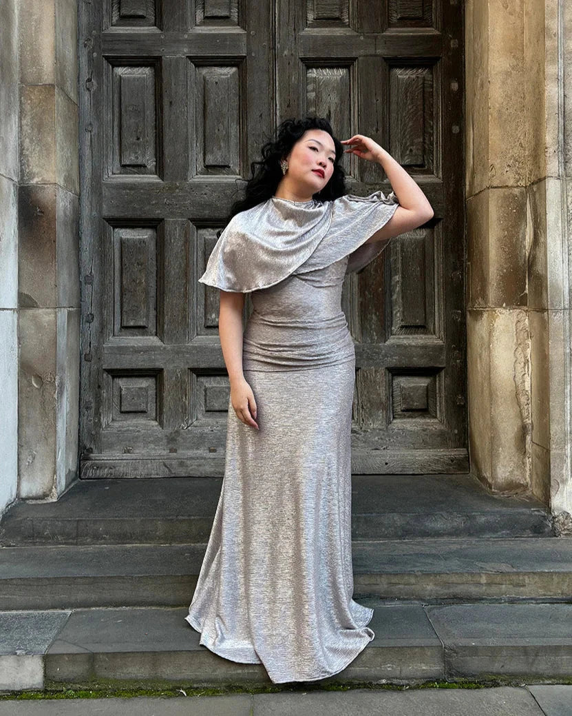 Celeste 1940'er aftenkjole i lys lilla med sølvskær aline kjole House of Foxy