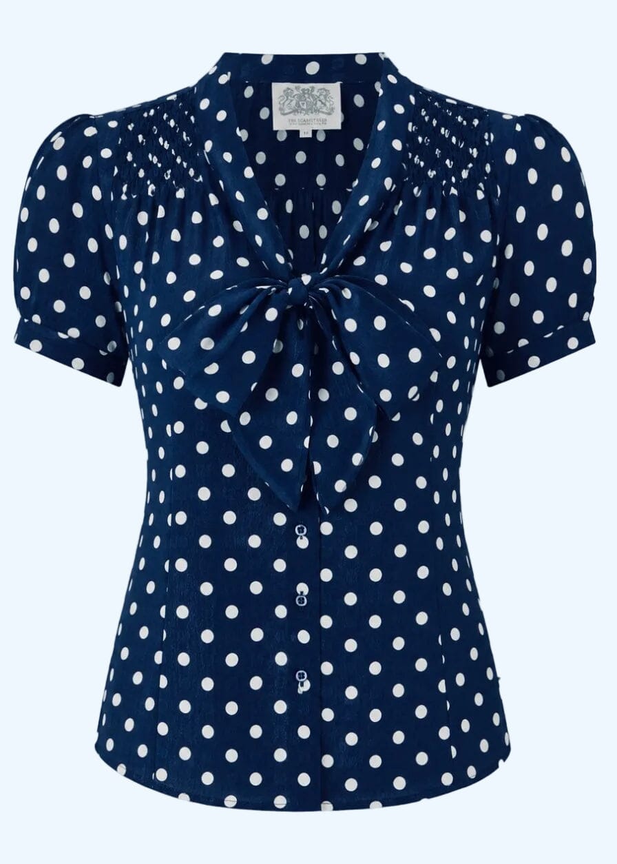 Eva kortærmet skjorte med bindesløjfe - navy med prikker kortærmet skjorte Seamstress Of Bloomsbury