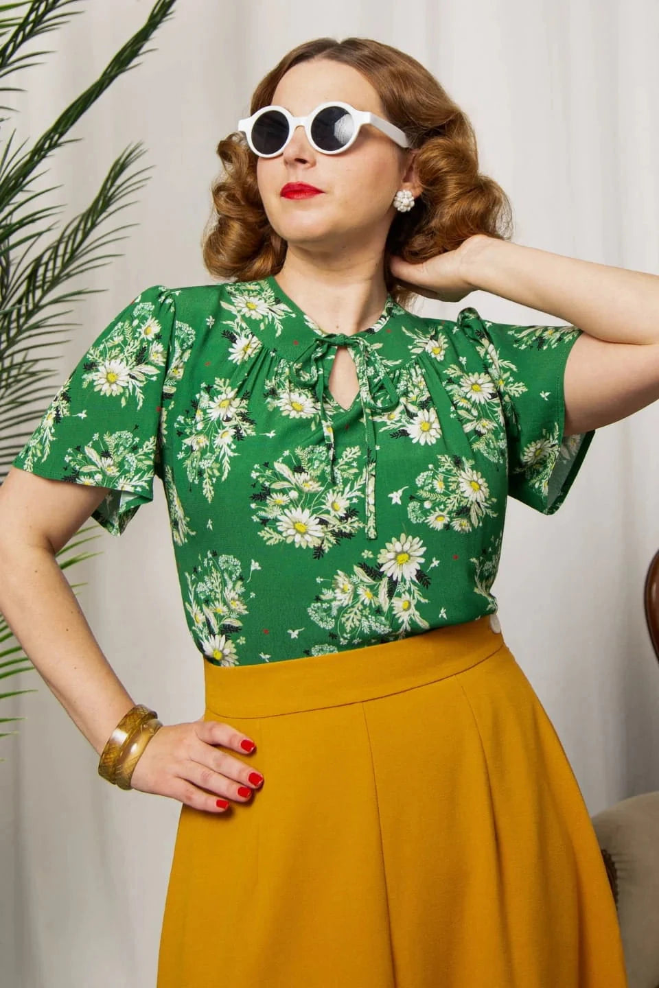 Ginger Top - green floral kortærmet skjorte Weekend Doll