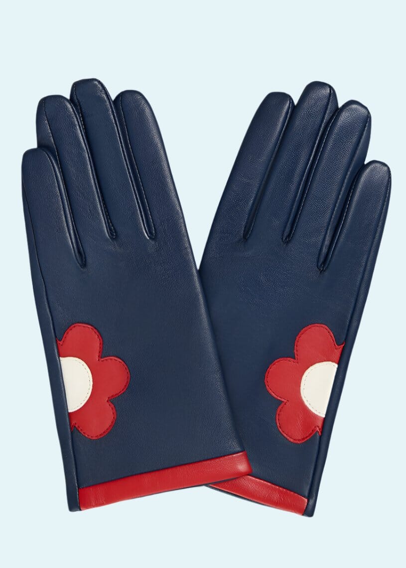Handsker i navy læder med marguerit handsker Mabel Sheppard