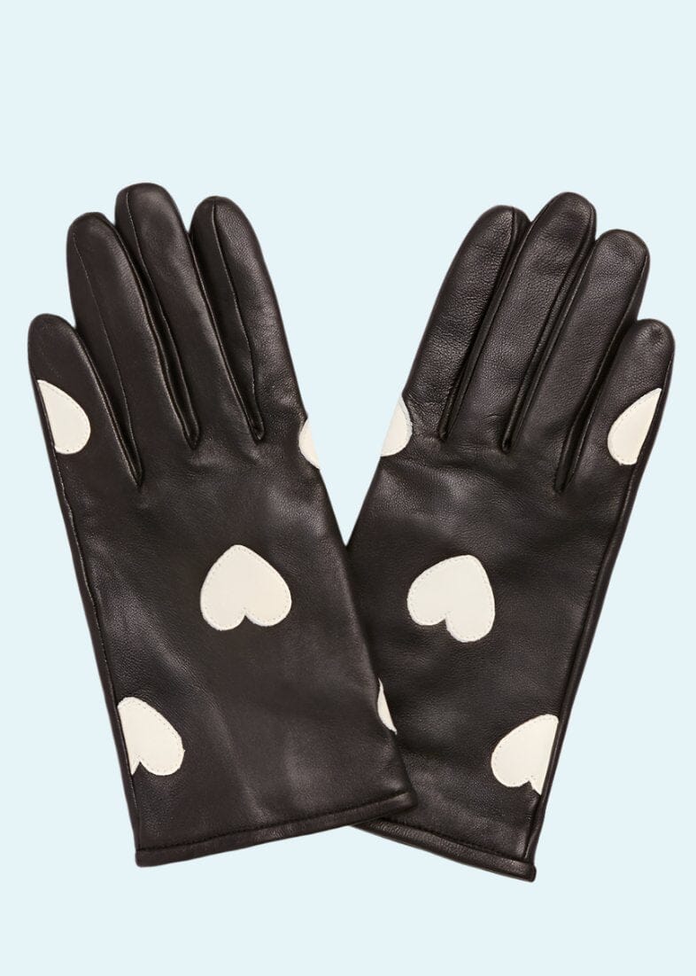 Handsker i sort læder med hvide hjerter handsker Mabel Sheppard