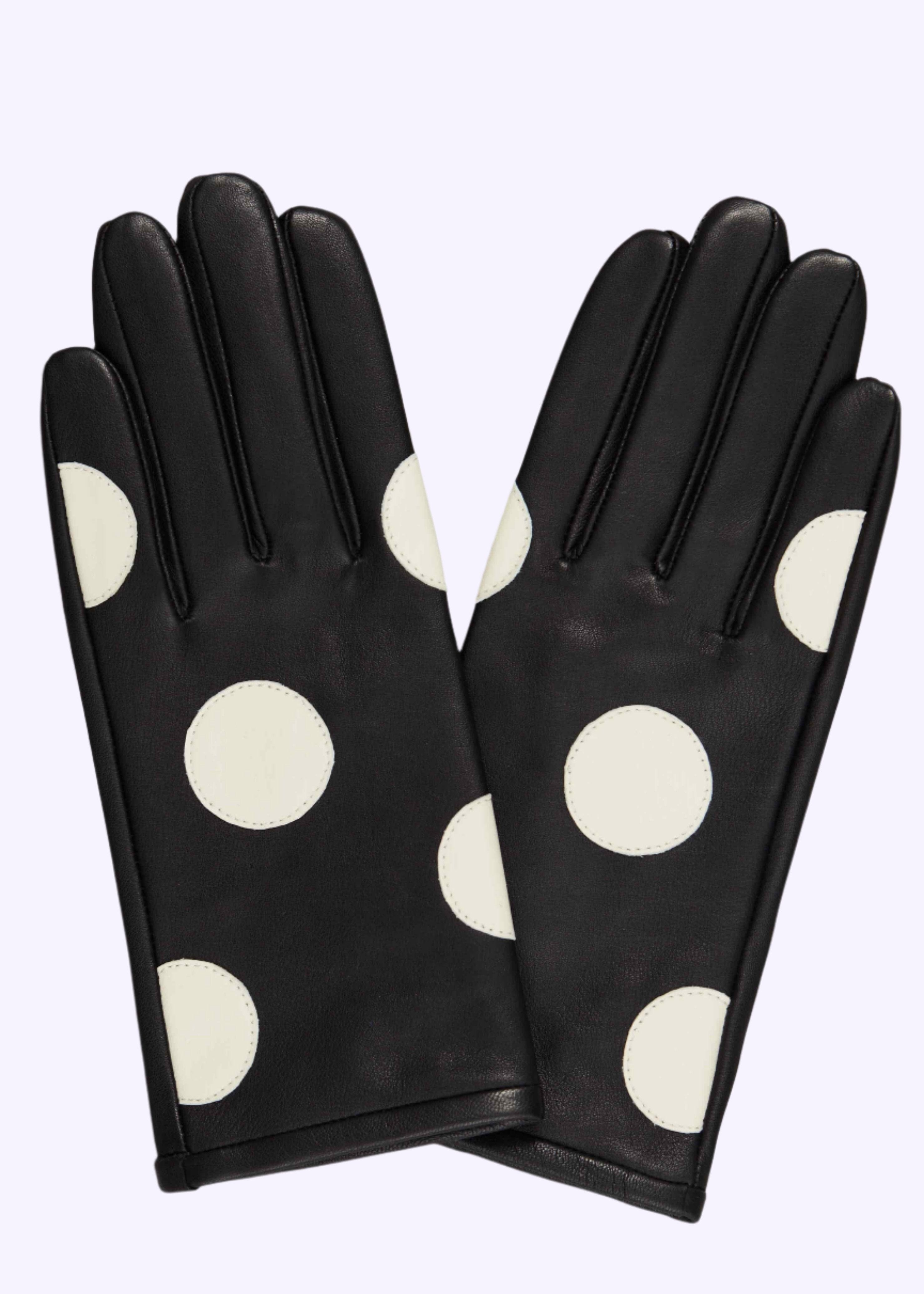 Handsker i sort læder med hvide polka prikker handsker Mabel Sheppard