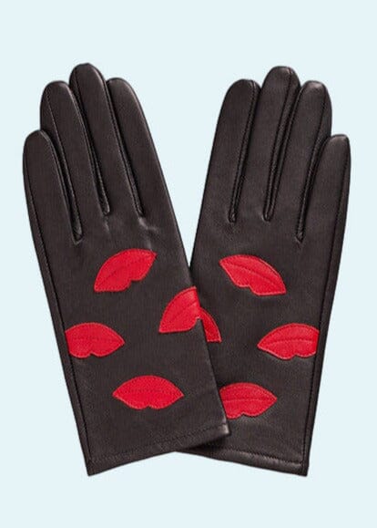 Handsker i sort læder med red-lips applikationer Accessories Mabel Sheppard