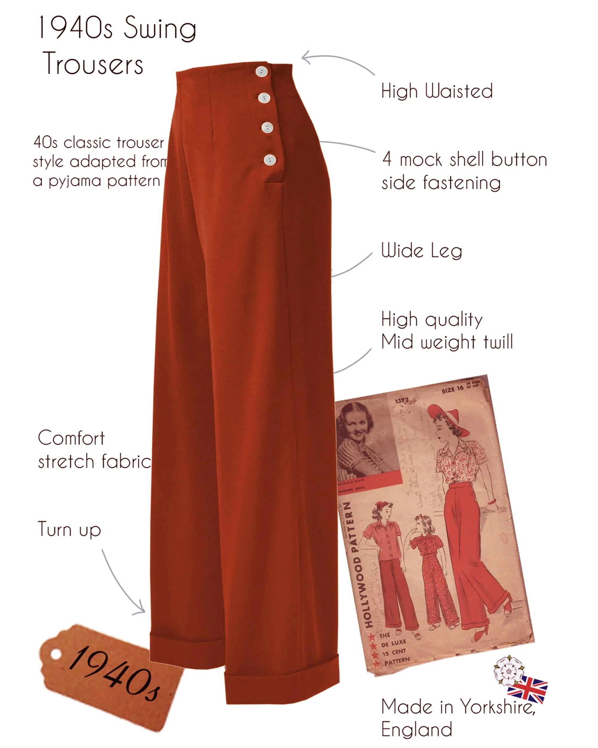 Højtaljede swing bukser med brede ben i rust bukser House of Foxy