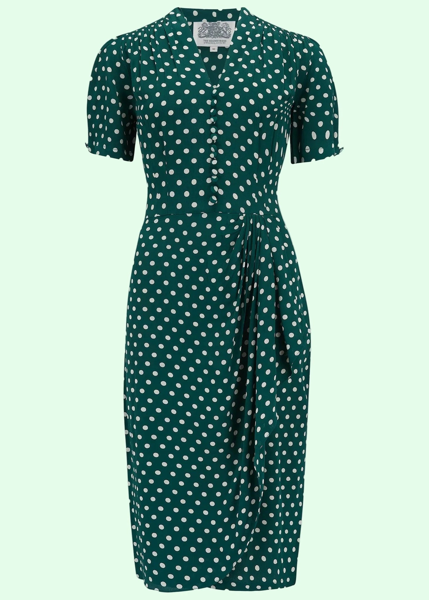 Mabel 1940'er kjole i grøn med prikker pencil kjole Seamstress Of Bloomsbury