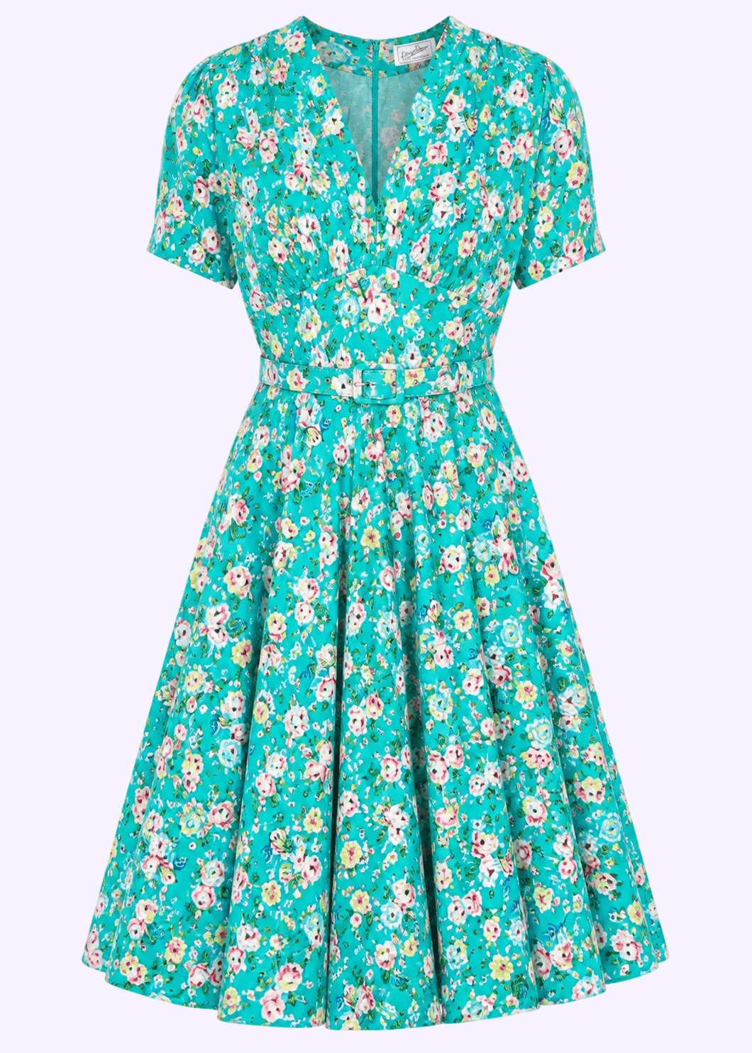 Marilyn swingkjole med korte ærmer - green roses swing kjole Daisy Dapper