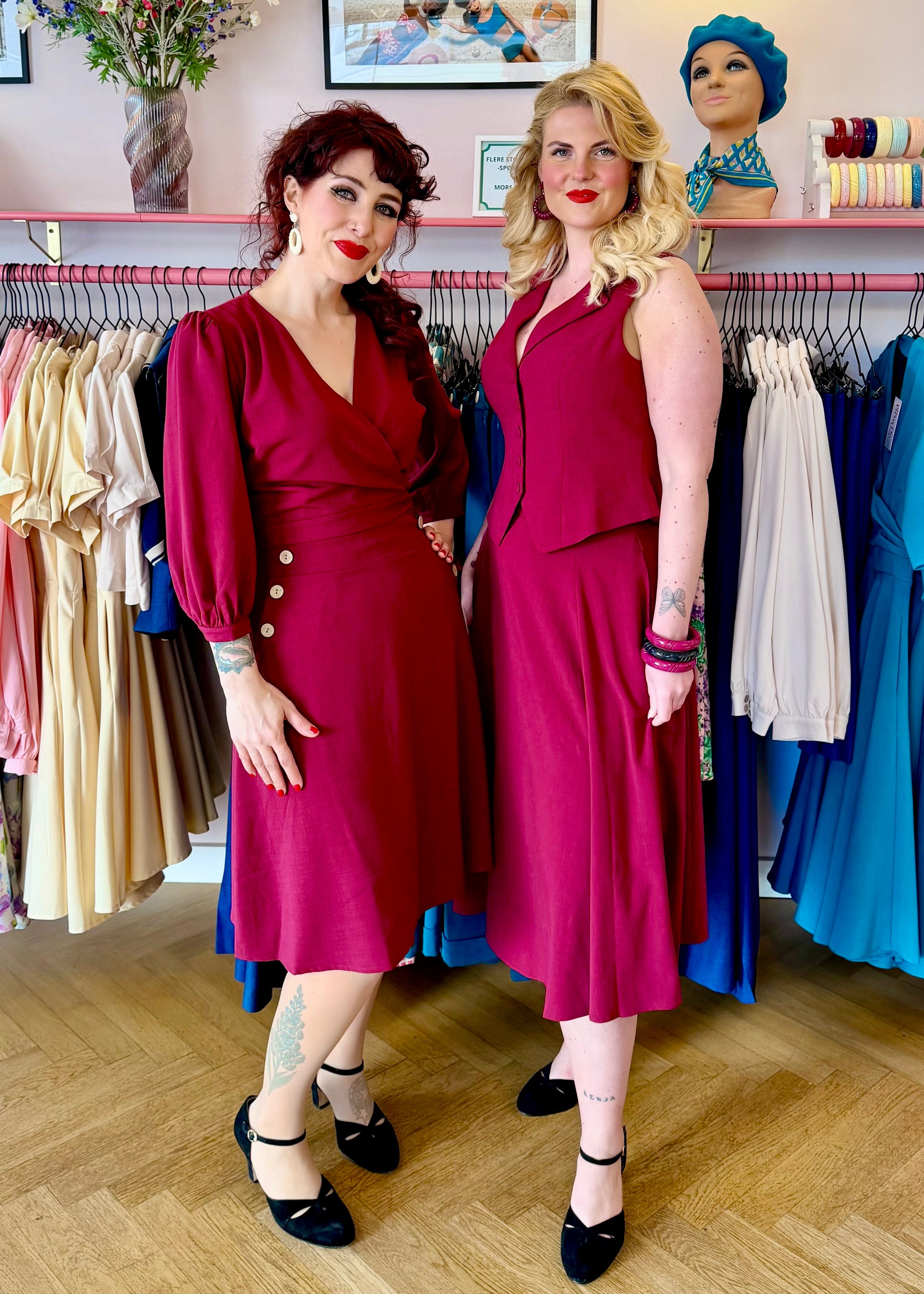 Midi skirt med bælte - berry linen midi nederdel Daisy Dapper