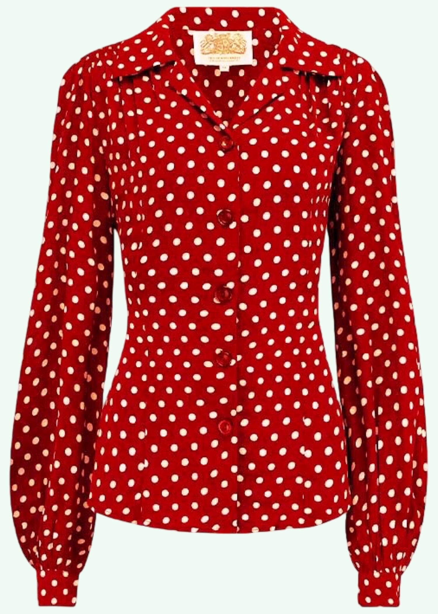 Poppy vintage stils skjortebluse i rød med prikker langærmet skjorte Seamstress Of Bloomsbury