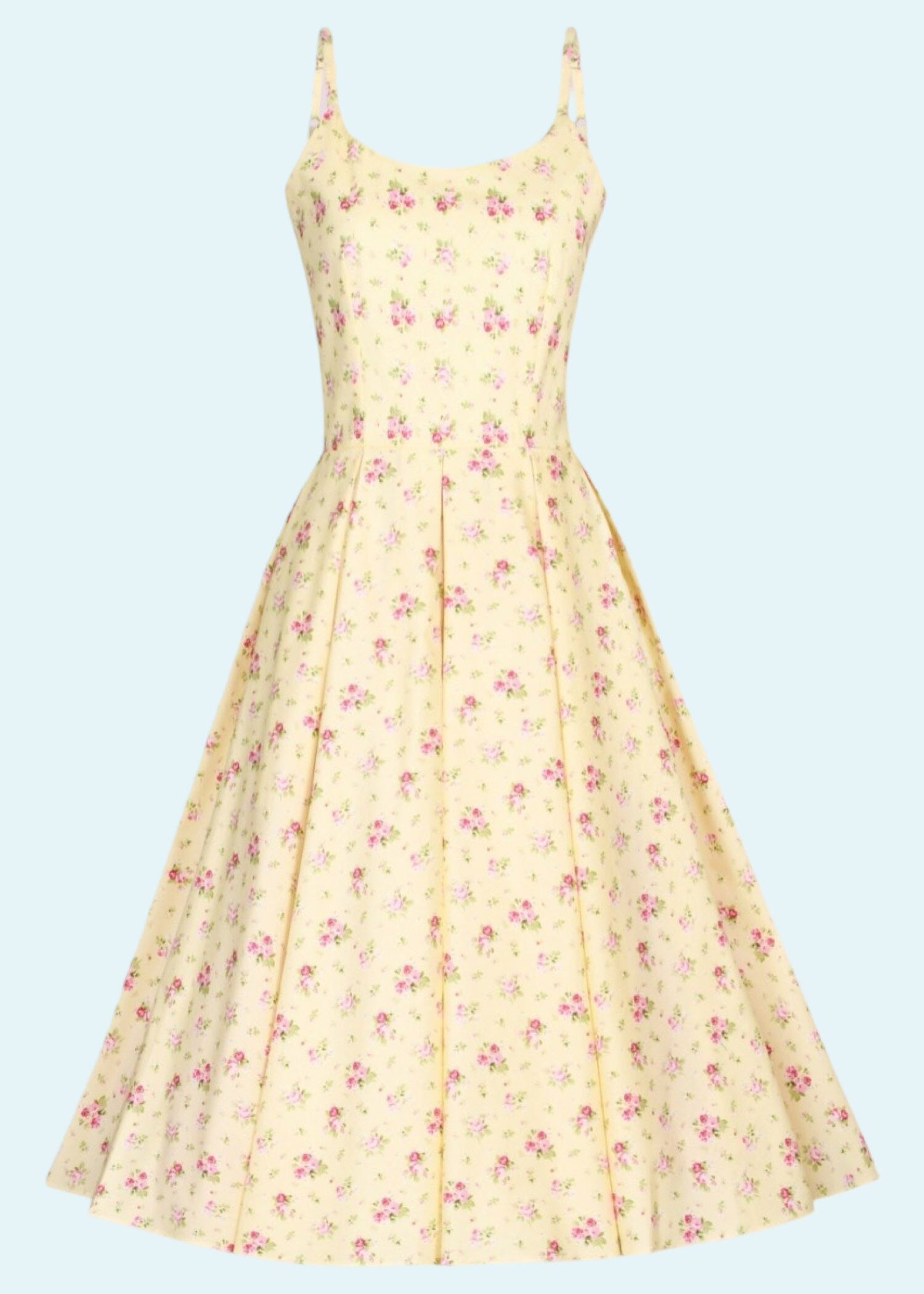 Priscilla swingkjole i lys gul med roser Kjoler Pretty Dress Company