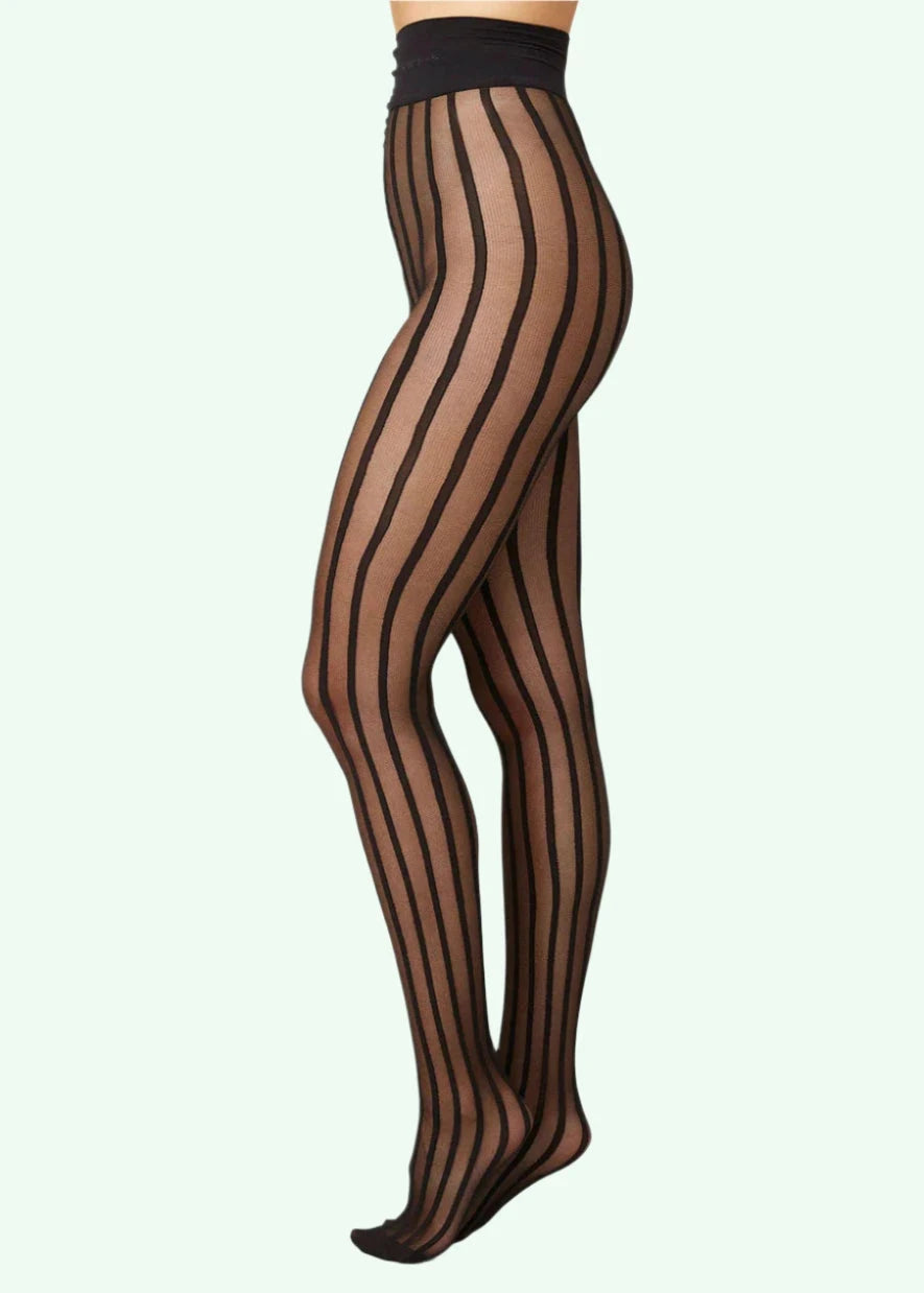 Siri stripe tights semi-sheer i sort Swedish Stockings