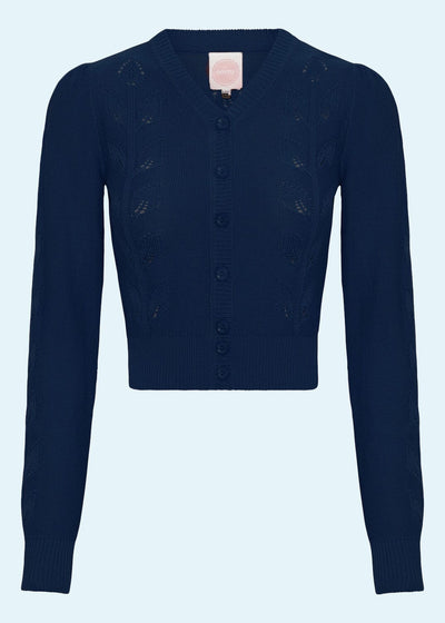 Susie Q cardigan i mørkeblå bomuld med bladmønster tøj Emmy Design 