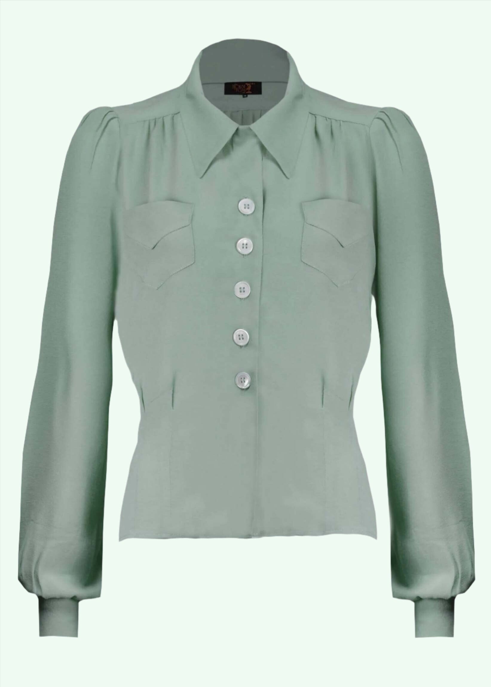 Sweetheart vintage stils skjortebluse i lys grøn langærmet skjorte House Of Foxy