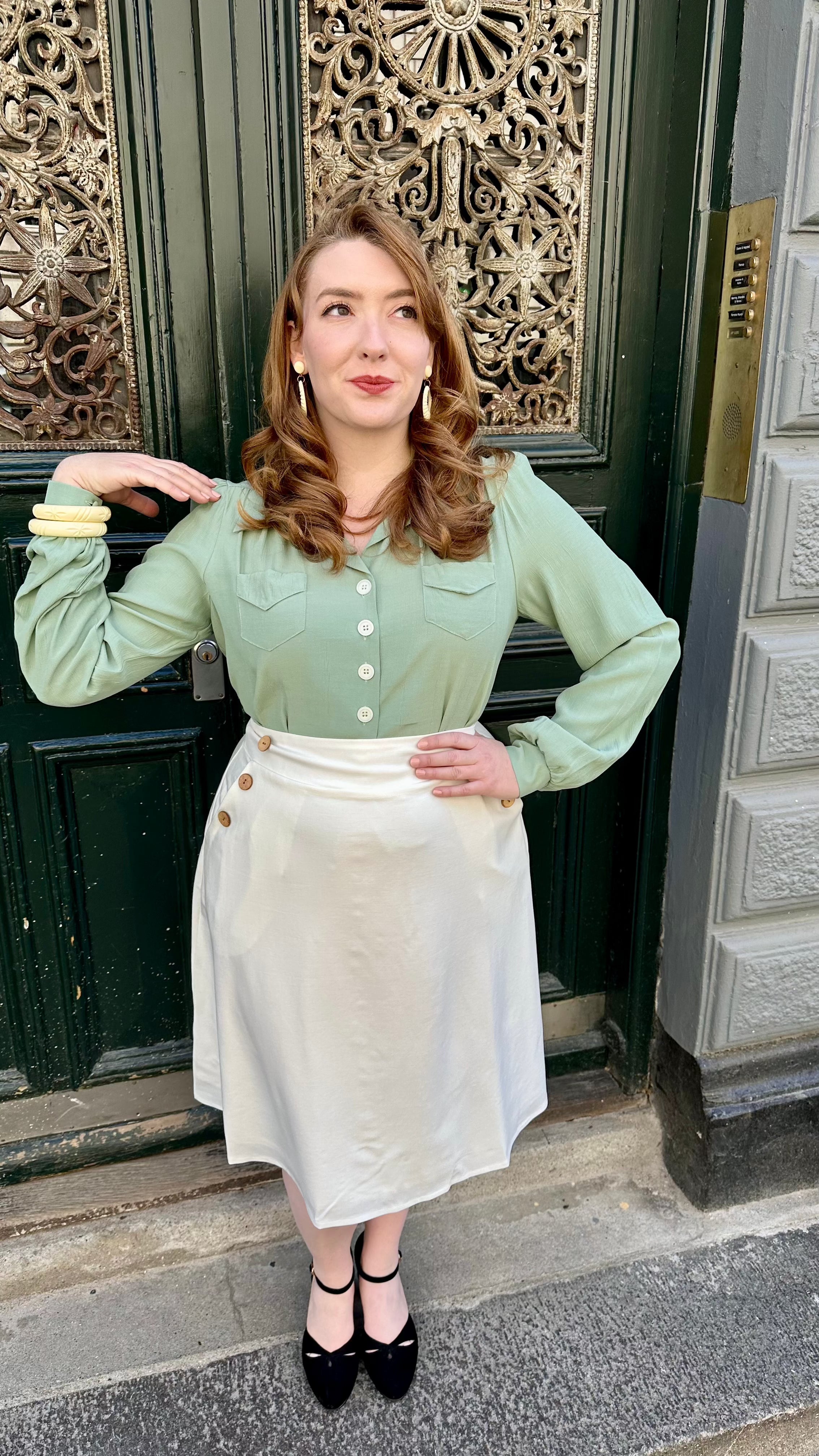 Sweetheart vintage stils skjortebluse i lys grøn langærmet skjorte House of Foxy