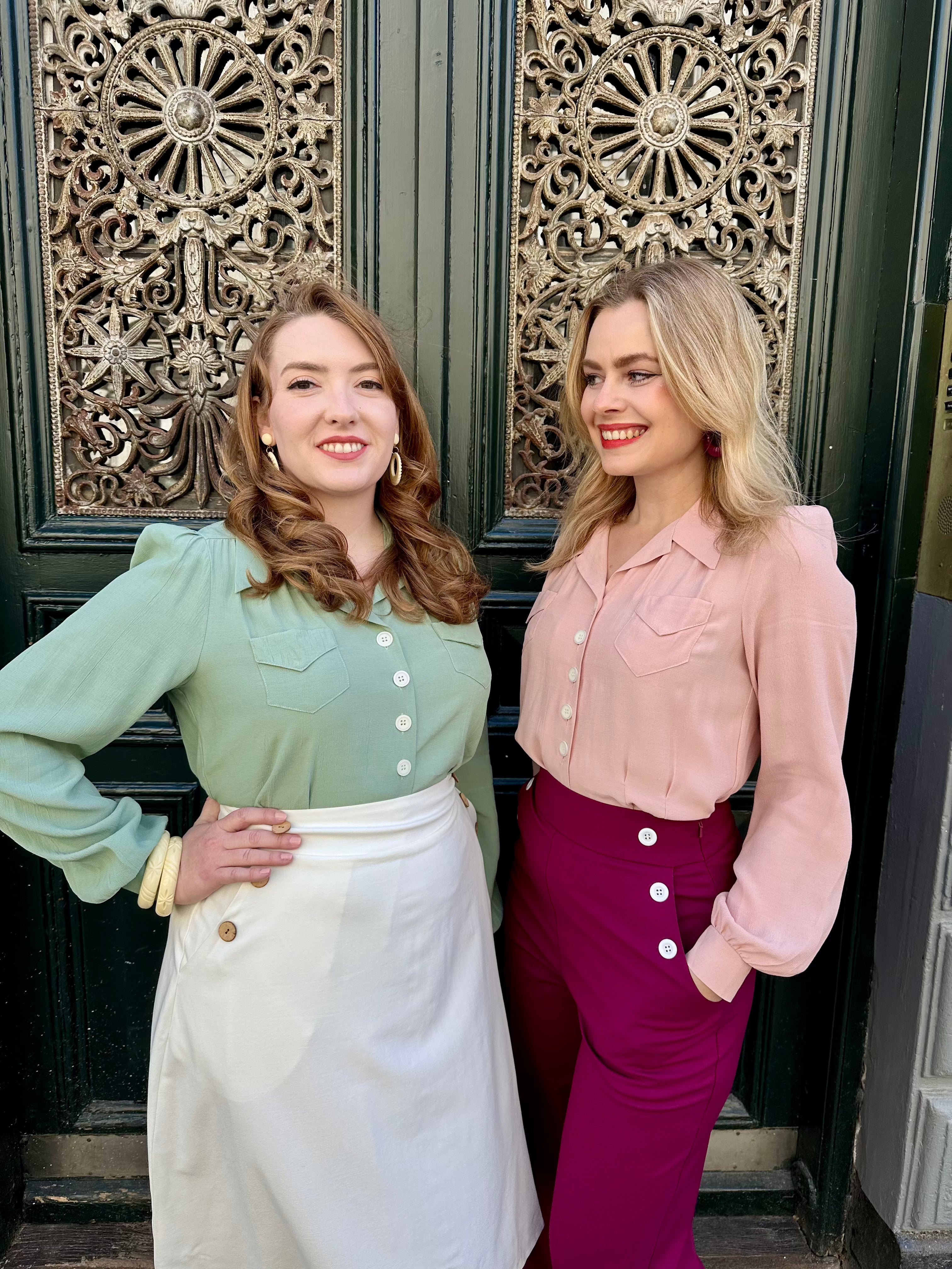 Sweetheart vintage stils skjortebluse i lys grøn langærmet skjorte House of Foxy