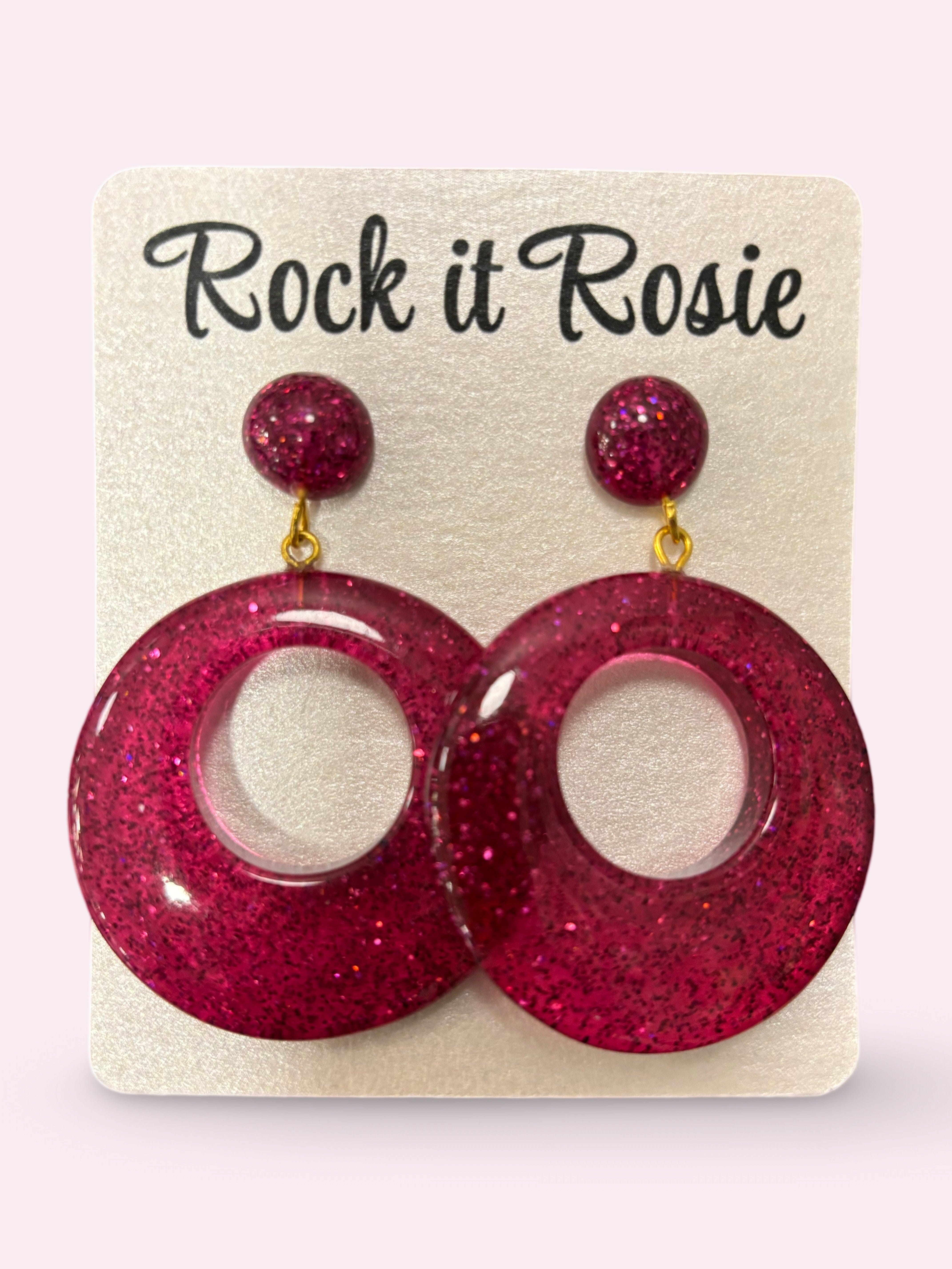 Vintage style hoop øreringe, Magenta glitter Accessories Rock It Rosie