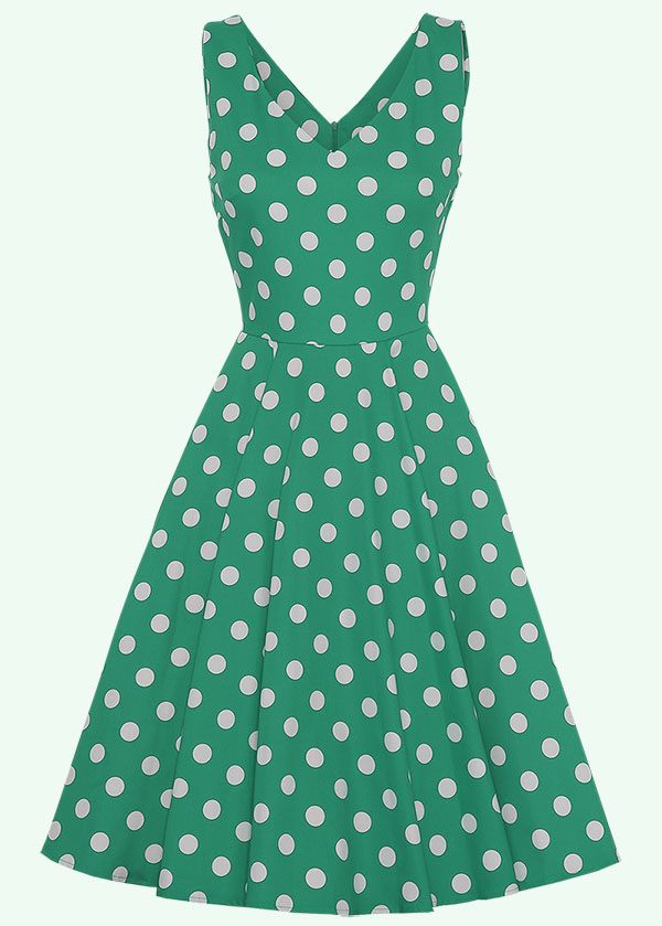 Frugtgrøntsager feudale privatliv 50er kjole med polka prikker i grøn | Retro & vintage kjoler