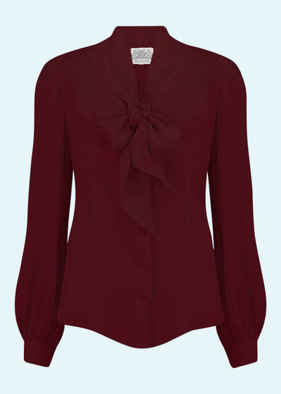 Bloomsbury: Eva - Langærmet skjorte med bindesløjfe i bordeaux toej Mondo Kaos 