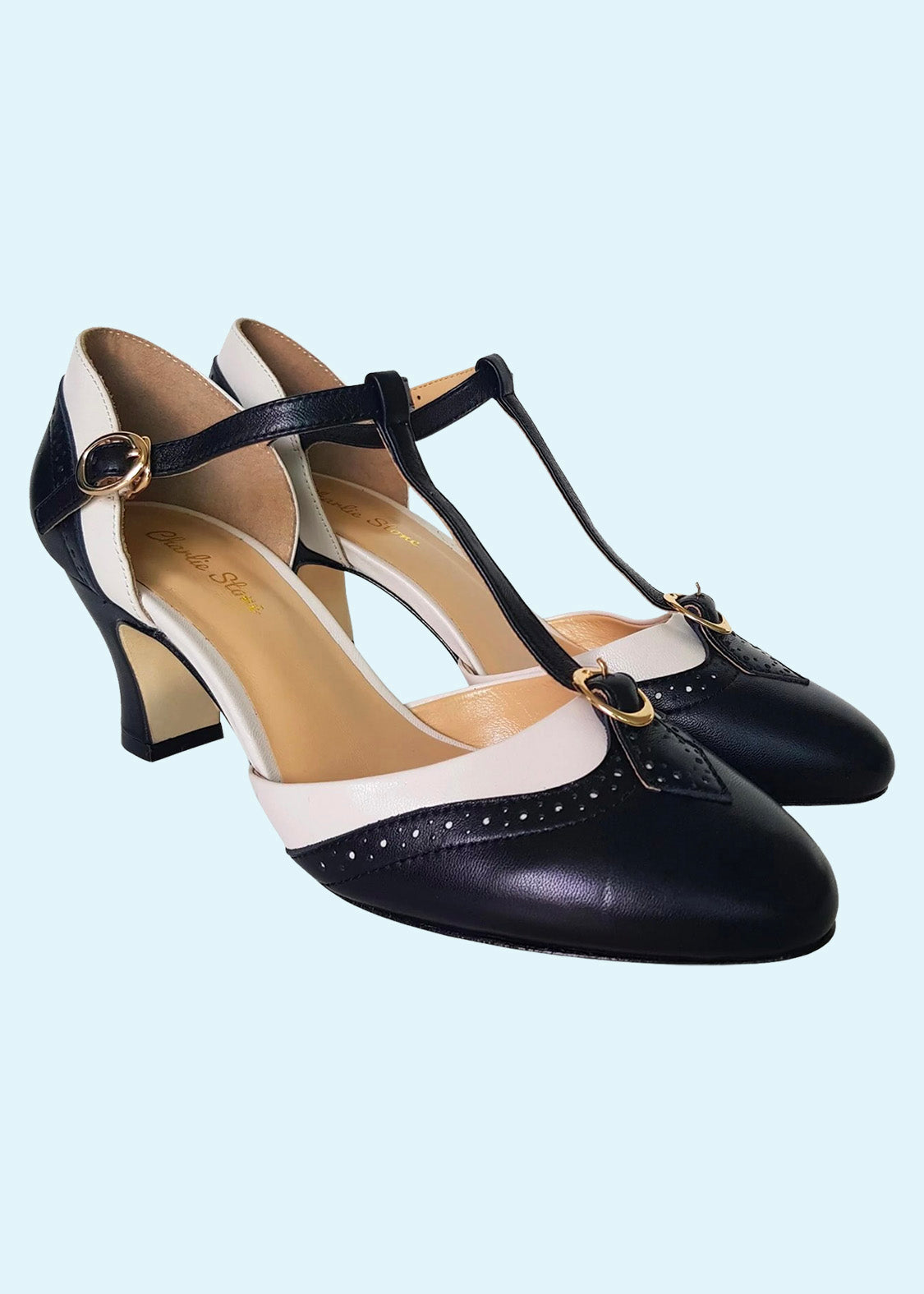 molekyle helt seriøst Sømil Parisienne vintage 30er stils sort hvid T-rem sko fra Charlie Stone