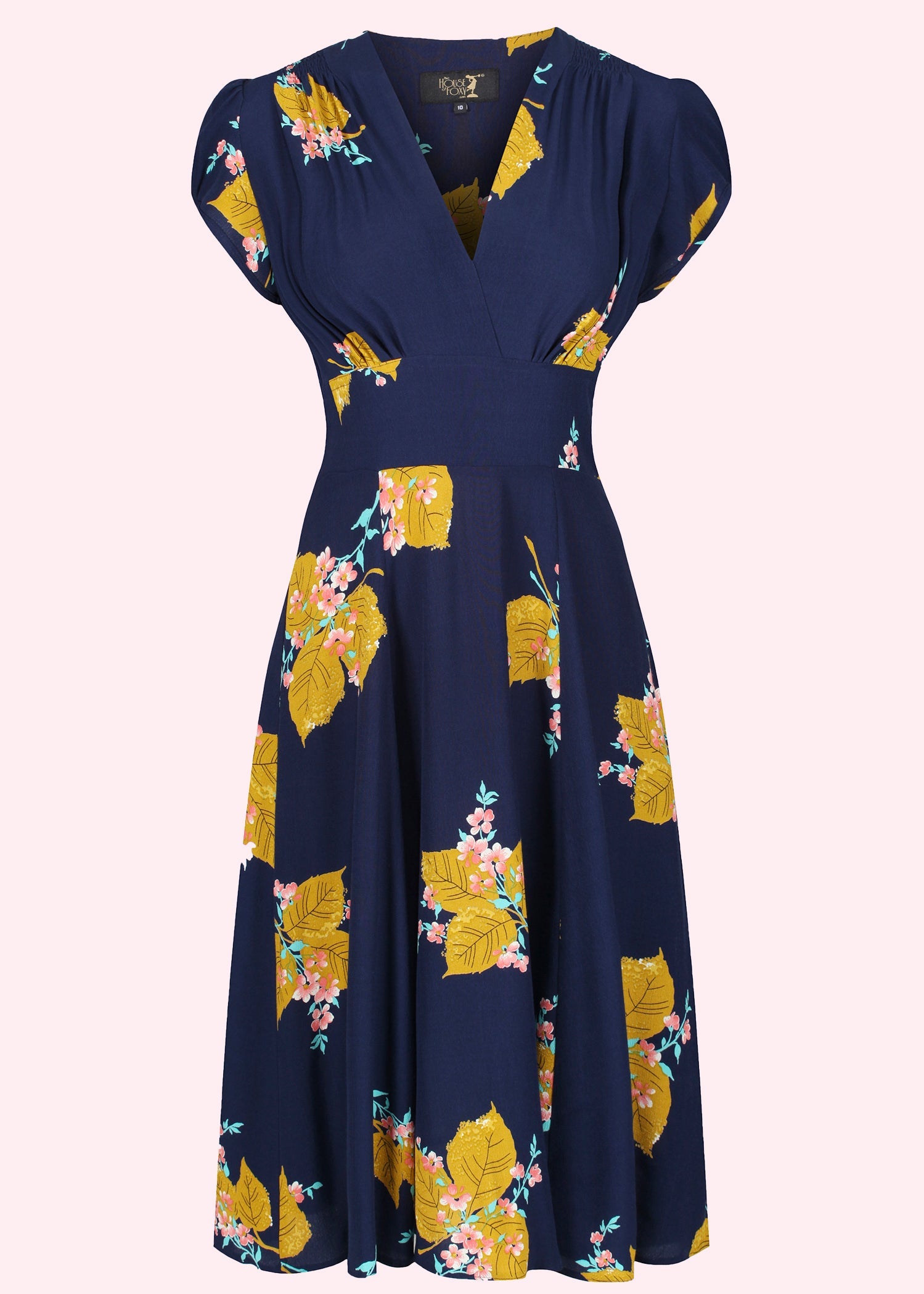 monarki Benign sød smag Ava-klassisk A-line kjole i navy med blad-print fra The House of Foxy
