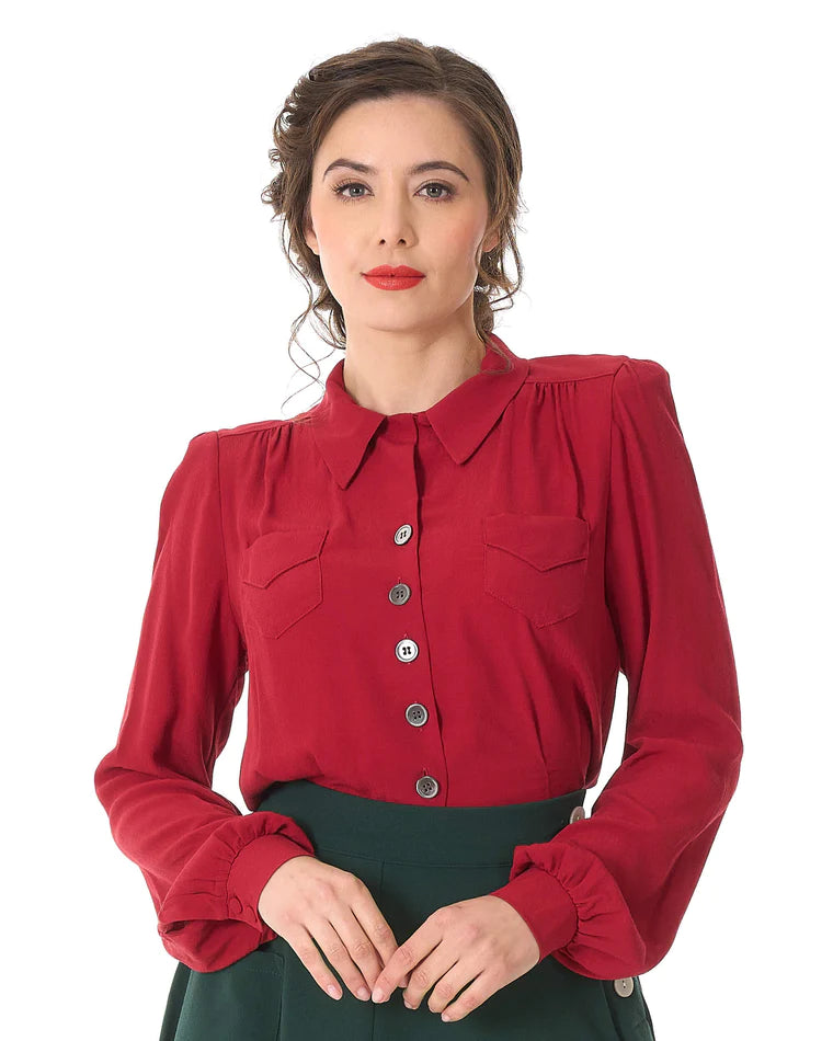 House of Foxy: Sweetheart vintage stils skjortebluse i Cranberry tøj House Of Foxy