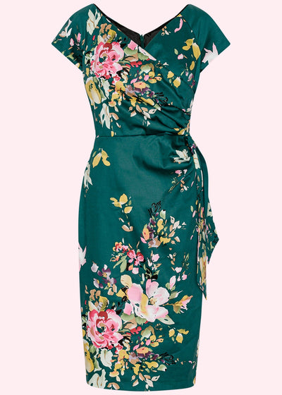 Pretty Dress Company: 1950'er Hourglass pencil kjole i grøn med blomsterprint toej Pretty Dress Company 