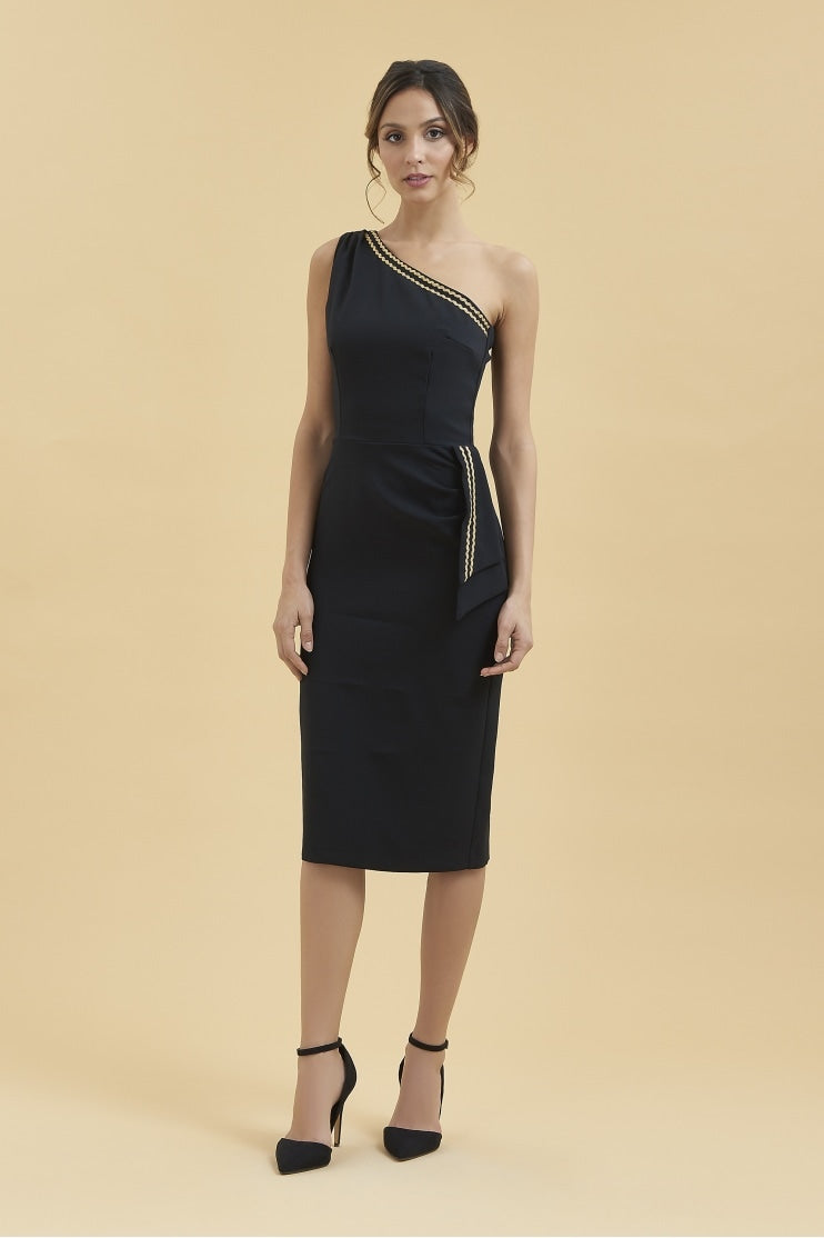 Pretty Dress Company: Cybele asymmetrisk pencilkjole i sort og guld Pretty Dress Company