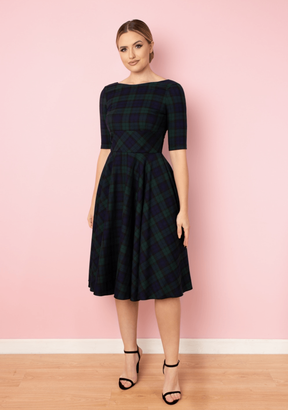 Pretty Dress Company: Hepburn swingkjole i navy og grøn ternet toej Mondo Kaos
