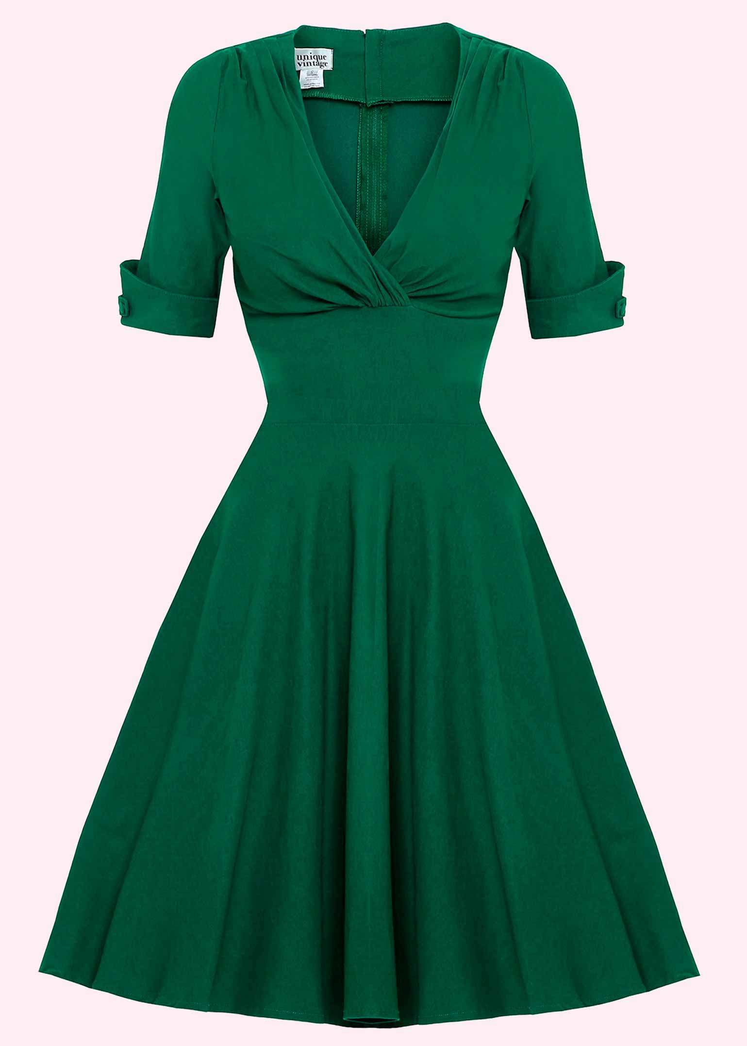 1950'er swingkjole med V-udskæring i grøn Unique