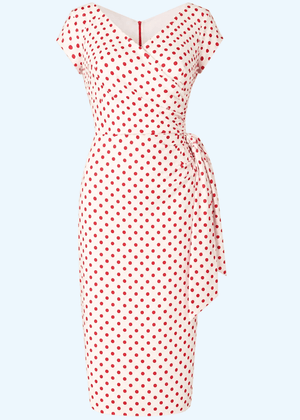 1950'er Hourglass pencil kjole - hvid med røde prikker pencil kjole Pretty Dress Company 