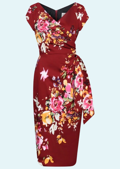 1950'er Hourglass pencilkjole i bordeaux med blomster tøj Pretty Dress Company 