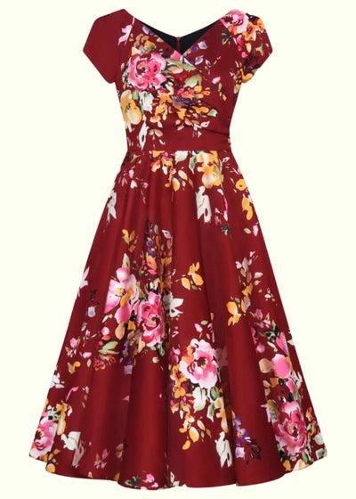 1950'er Hourglass swingkjole i bordeaux floral tøj Pretty Dress Company 