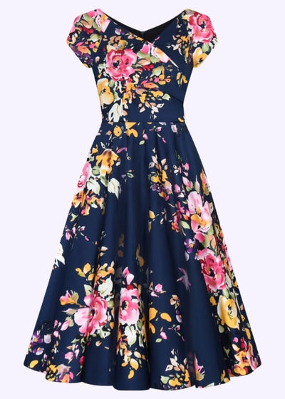 1950'er Hourglass swingkjole i navy floral tøj Pretty Dress Company 
