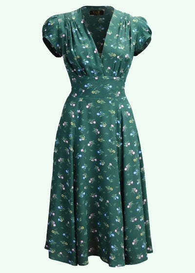 Ava - Klassisk A-form kjole i grøn med blomster toej House Of Foxy 