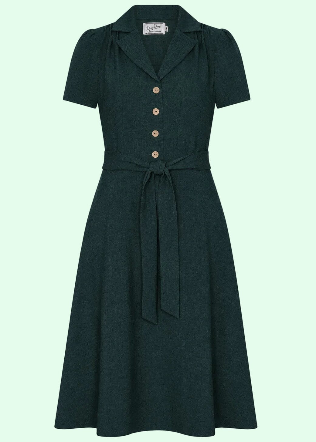 Betty kortærmet skjortekjole - mørk grøn linen look skjortekjole Daisy Dapper 