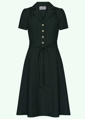 Betty kortærmet skjortekjole - mørk grøn linen skjortekjole Daisy Dapper 