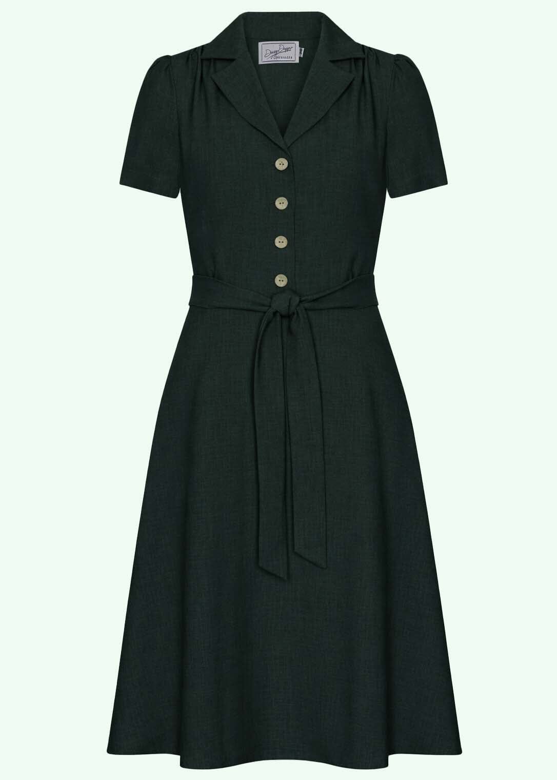 Betty kortærmet skjortekjole - mørk grøn linen skjortekjole Daisy Dapper 