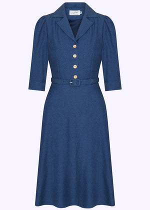 Betty skjortekjole med 3/4 ærmer i blå denim-look skjortekjole Daisy Dapper 