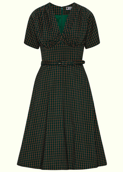 Daisy Dapper: Marilyn A-line kjole med korte ærmer i grøn tern Daisy Dapper 