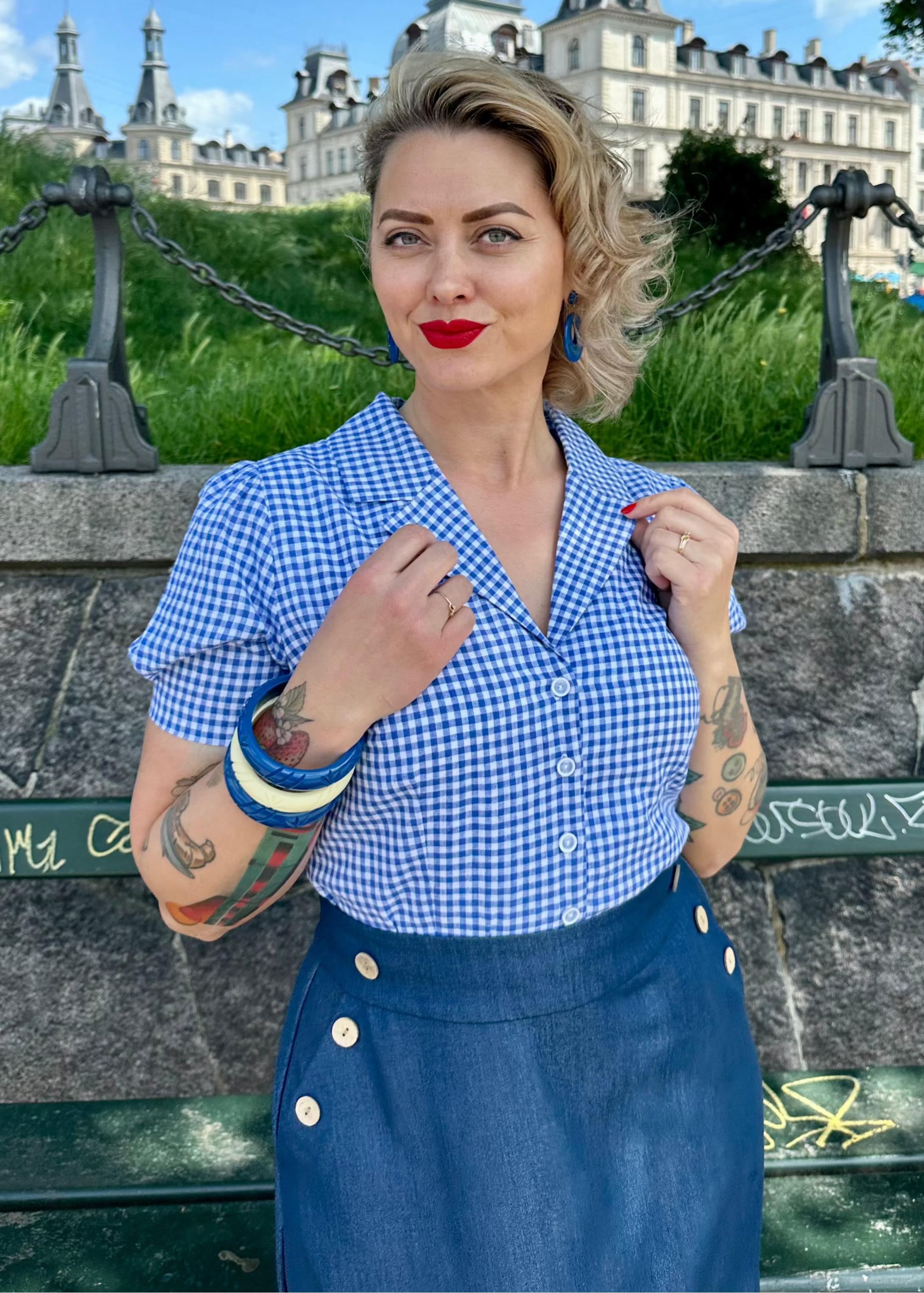 Daisy kortærmet skjorte i blå og hvid gingham kortærmet skjorte Daisy Dapper 