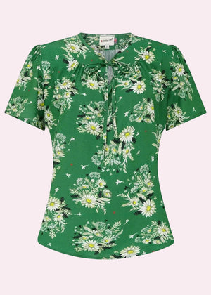 Ginger Top - green floral kortærmet skjorte Weekend Doll 