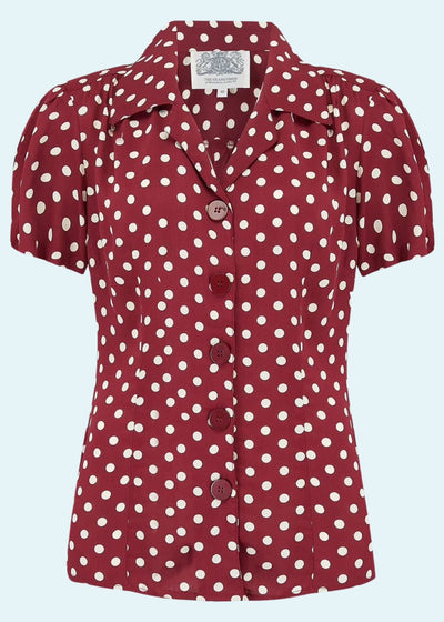 Grace kortærmet skjorte i bordeaux med polkaprikker tøj Seamstress Of Bloomsbury 