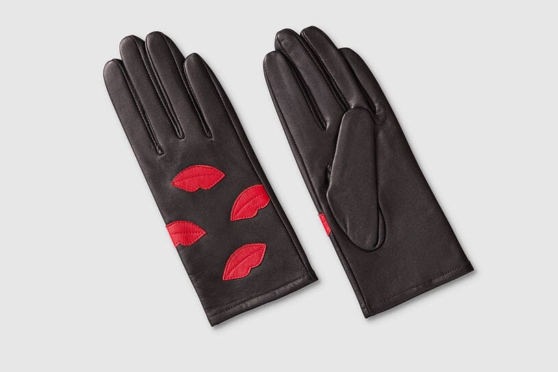 Handsker i sort læder med red-lips applikationer Accessories Mabel Sheppard 