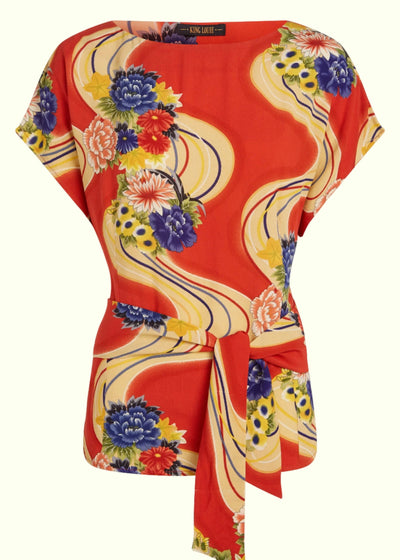 Kali kortærmet top i varm orange med blomsterprint top King Louie 